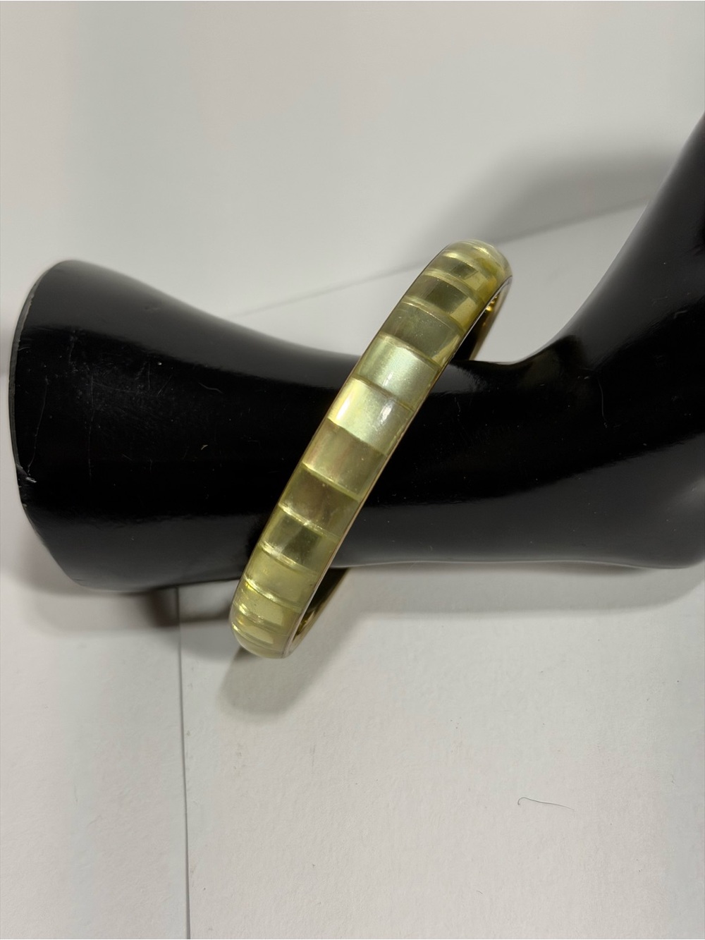 Vintage MCM Brass Bangle Bracelet Pale Green Inlaid Segments
